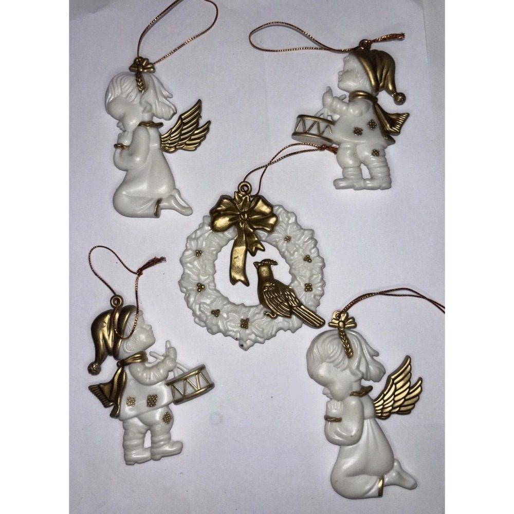 Vintage Christmas Ornament Lot of 5 Hard Plastic Angel Drummer Wreath White Gold